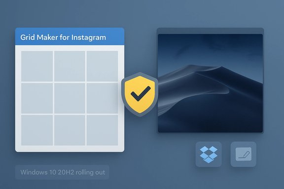 UI concept: Grid Maker for Instagram with a grid layout, shield badge, and a large screen image.