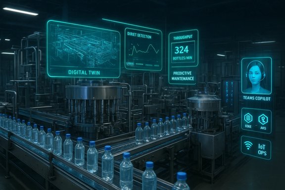 Futuristic bottling line with neon holographic dashboards showing digital twin and throughput.