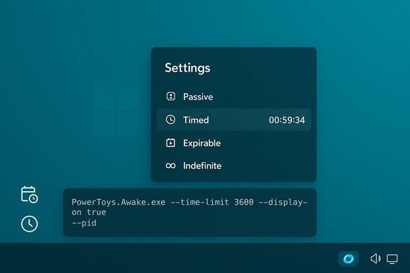 A dark teal settings panel with the Timed option selected (00:59:34) and a PowerToys Awake command. A dark teal settings panel with the Timed option selected (00:59:34) and a PowerToys Awake command.