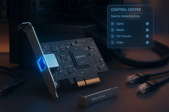 Aquantia PCIe 3.0 x4 network card with a floating control-center UI.