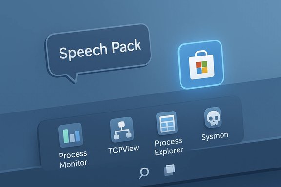 Blue UI dock showing 'Speech Pack' banner with system monitoring tools: Process Monitor, TCPView, Process Explorer, Sysmon.
