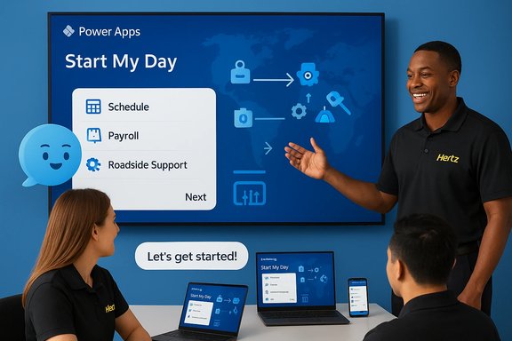 Hertz trainer presents a Power Apps Start My Day demo with Schedule, Payroll, Roadside Support.