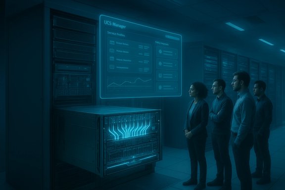 Team of professionals examines a glowing holographic UCS Manager dashboard in a data center.