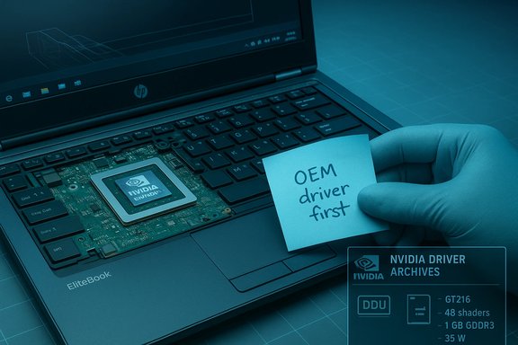 A gloved hand holds a sticky note reading 'OEM driver first' beside a laptop exposing an NVIDIA GPU.