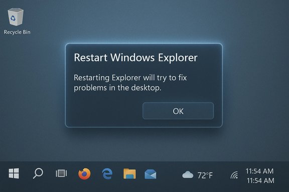 Windows desktop with a glowing Restart Windows Explorer dialog and an OK button.