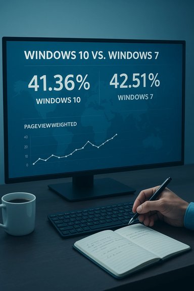 Monitor shows Windows 10 vs Windows 7 share (41.36% vs 42.51%) with a line chart.