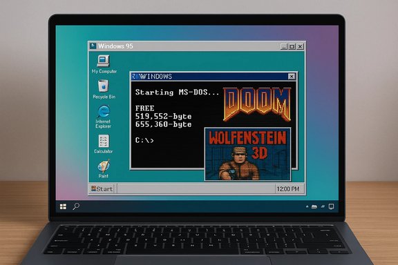Retro Windows 95 desktop on a laptop, showing MS-DOS startup with DOOM and Wolfenstein 3D.