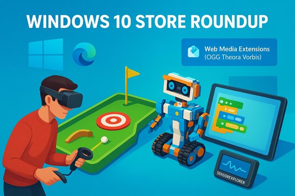 Windows 10 Store roundup featuring a VR headset user, a robot, and a tablet UI.