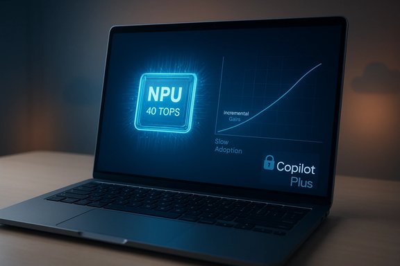 Laptop screen shows an NPU chip labeled 40 TOPS with a graph and Copilot Plus.