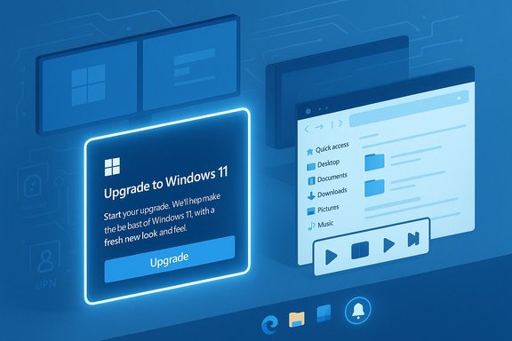 A glowing Windows 11 upgrade prompt appears beside a file explorer window on a blue digital dashboard.