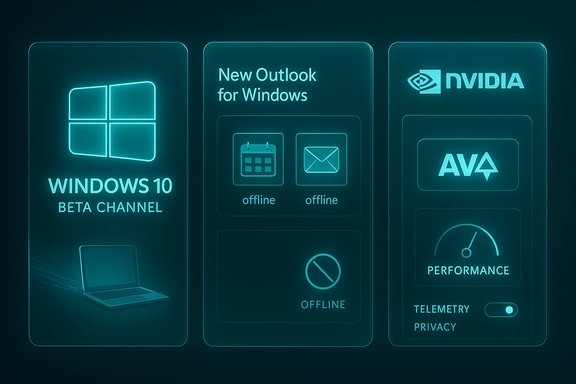 Neon blue UI infographic highlighting Windows 10 Beta Channel, New Outlook for Windows, and NVIDIA performance metrics.
