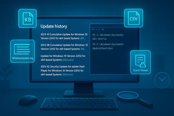 A neon blue computer monitor displays update history with floating file icons (KB, CSV, logs).