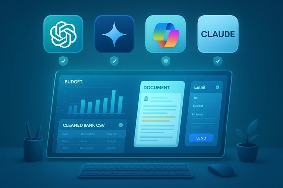 Blue, futuristic dashboard displaying budget charts, a document, and email tools.