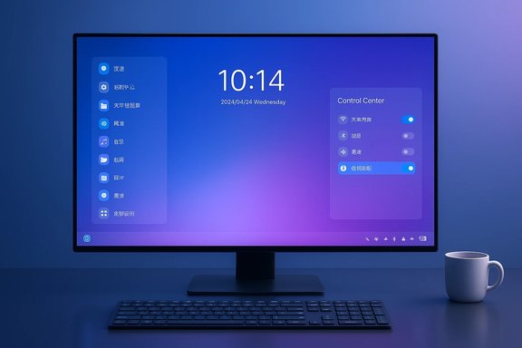 A modern desk setup with a large monitor showing a blue-purple UI, a keyboard, and a mug.