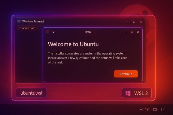 A neon-themed Ubuntu installer window showing “Welcome to Ubuntu” with a bright “Continue” button.