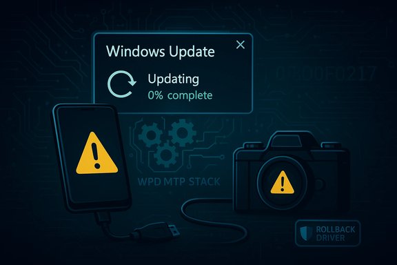 Windows Update screen shows 0% complete, with warning icons on a phone and a camera.