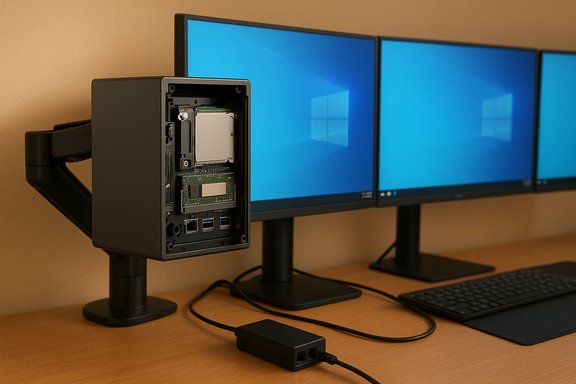 Open mini PC reveals motherboard and RAM, mounted on a monitor arm beside a three-monitor desk setup.