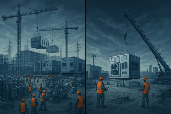 Construction site where cranes hoist modular units while workers in orange vests guide the lifts.