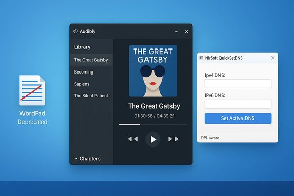 A blue desktop shows Audibly playing The Great Gatsby, with a WordPad Deprecated icon on the left and a NirSoft DNS tool on the right.