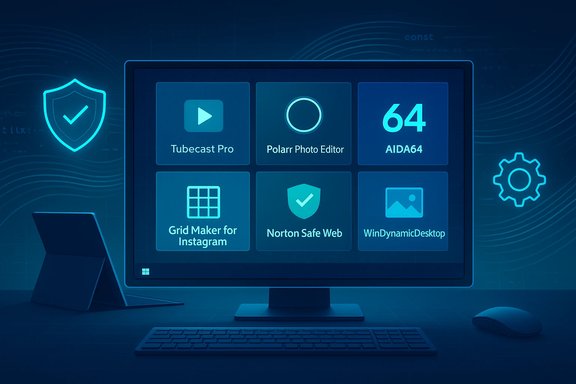 Blue-toned workstation with a monitor showing app tiles (Tubecast Pro, Polarr Photo Editor, AIDA64) and security icons. Blue-toned workstation with a monitor showing app tiles (Tubecast Pro, Polarr Photo Editor, AIDA64) and security icons.