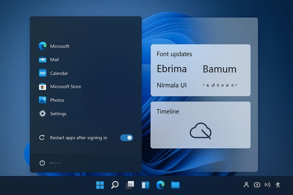 Windows-like Start Menu on the left with app icons, beside font updates and timeline widgets on a blue wallpaper.