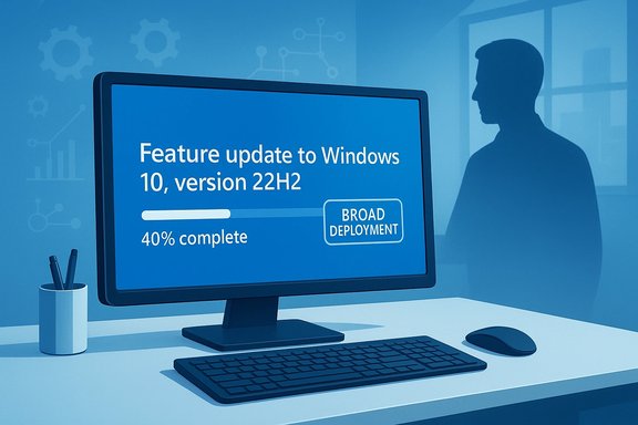 Monitor shows Windows 10 22H2 feature update at 40% complete, broad deployment.