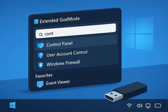Windows-style blue desktop with an Extended GodMode panel listing Control Panel options and a USB drive.