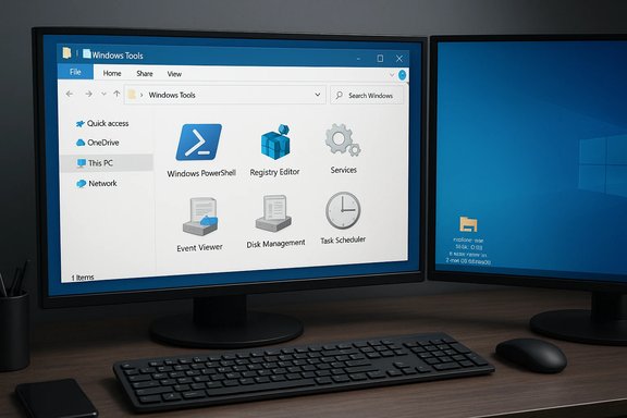 Dual-monitor workspace with Windows Tools icons on the left and a Windows desktop on the right.