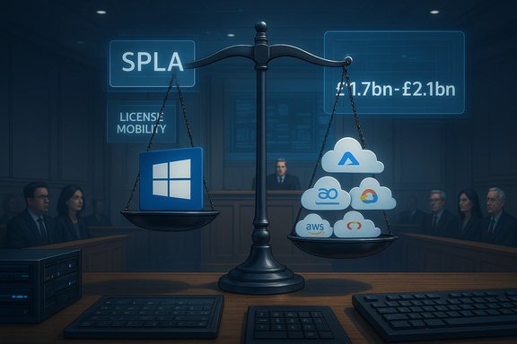 In a courtroom, a scale weighs Windows SPLA license mobility against cloud platforms.
