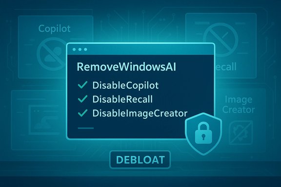 Debloat screen for RemoveWindowsAI showing checkmarks next to DisableCopilot, DisableRecall, and DisableImageCreator.