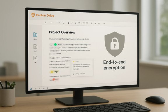 A monitor shows Proton Drive's Project Overview highlighting end-to-end encryption.