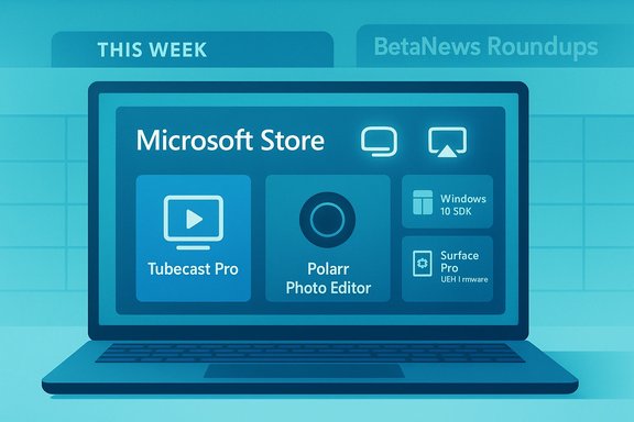 Blue-toned laptop screen displaying the Microsoft Store with Tubecast Pro and Polarr Photo Editor tiles. Blue-toned laptop screen displaying the Microsoft Store with Tubecast Pro and Polarr Photo Editor tiles.