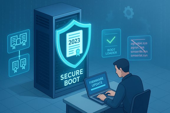 A technician updates firmware on a secure-boot server. A technician updates firmware on a secure-boot server.