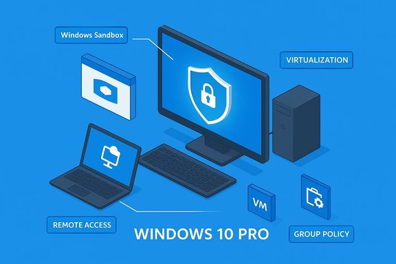 Isometric Windows 10 Pro illustration showing Windows Sandbox, virtualization, remote access, VM, and group policy.