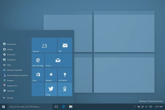 Windows 10 Technical Preview desktop with a blue Start Menu filled with live tiles.