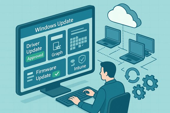 An IT professional manages a Windows Update dashboard for drivers, firmware, and Intune across devices. An IT professional manages a Windows Update dashboard for drivers, firmware, and Intune across devices.