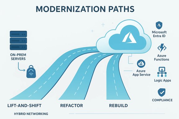 Diagram showing modernization paths from on‑prem to Azure: Lift-and-Shift, Refactor, Rebuild.
