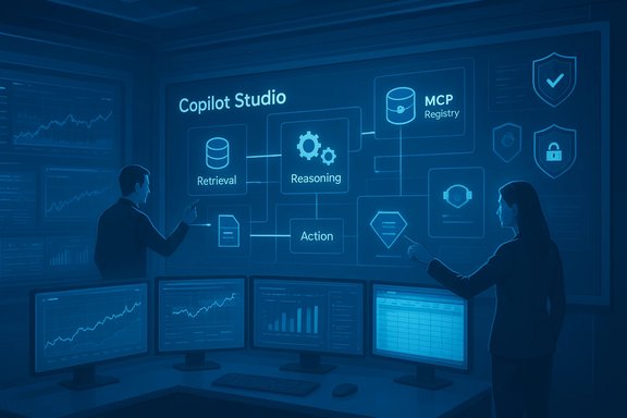 Two professionals present a Copilot Studio workflow on a large interactive wall display.