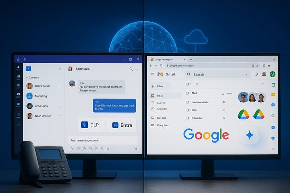 Two monitors show a chat app on the left and Gmail on the right.
