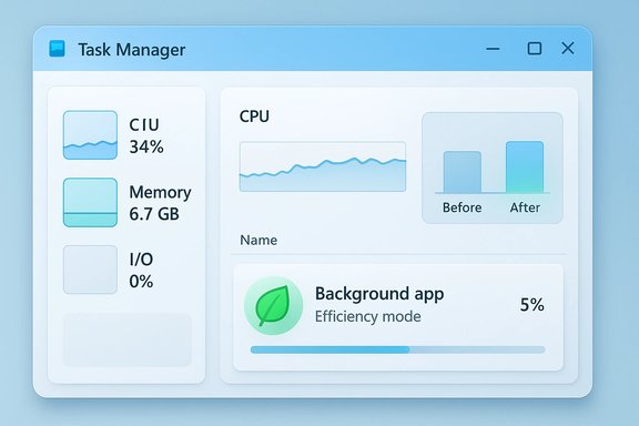 A blue-toned Task Manager UI showing CPU, memory, I/O stats, and a background app progress bar.