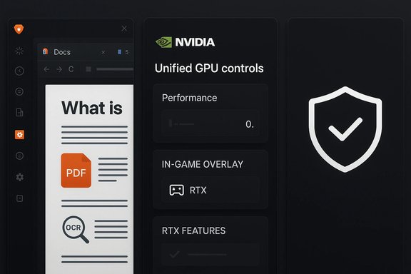 Three dark UI panels: a PDF document, NVIDIA Unified GPU controls, and a shield with a checkmark.