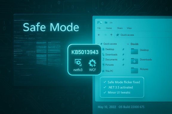 Safe Mode screen with a KB5013943 tile beside a Windows Explorer window.
