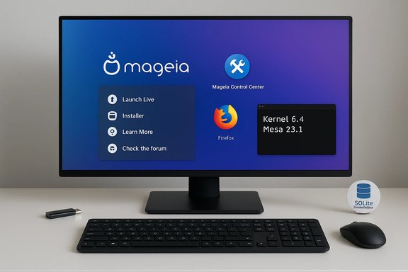 A Mageia Linux desktop shown on a widescreen monitor with keyboard, mouse, and USB drive.