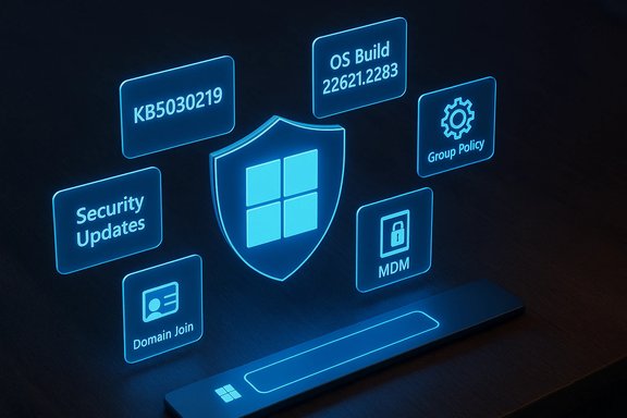 Glowing holographic Windows security dashboard with updates, policies, and MDM.