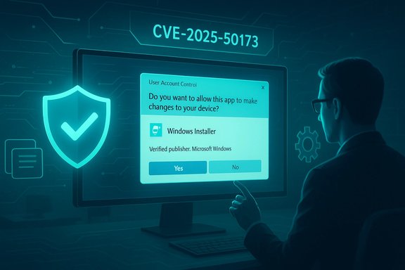 Cybersecurity professional reviews a Windows Installer UAC prompt on a glowing blue screen.