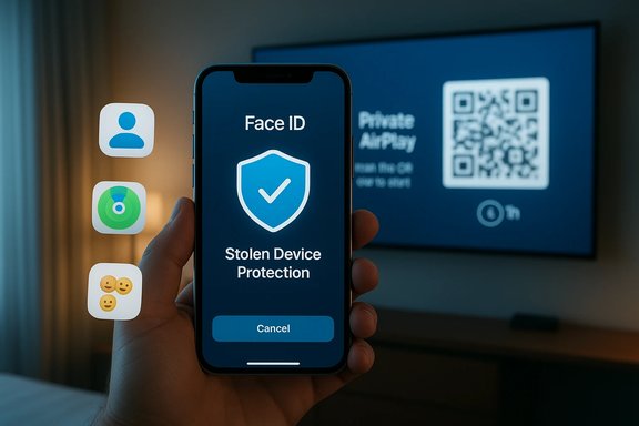 Phone shows Face ID Stolen Device Protection while a TV displays a QR code in the background.