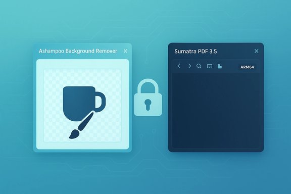 Two floating app windows (Ashampoo Background Remover and Sumatra PDF) with a padlock on a teal circuit-pattern background.