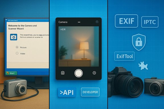 A triptych collage: camera wizard UI, a mobile camera app capturing a lamp, and EXIF tool icons.