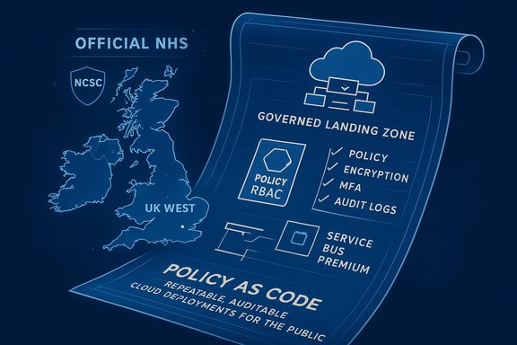 Blueprint-style poster titled Policy as Code featuring NHS branding and cloud governance icons.