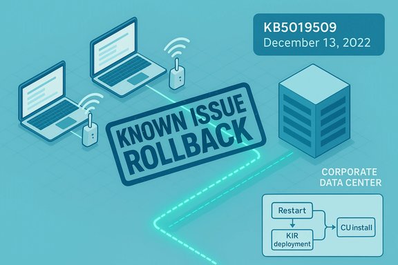 Corporate data center shows a Known Issue Rollback alert affecting laptops and servers.
